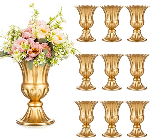 Sziqiqi Gold Flower Arrangements Vase for Wedding Table Centerpiece - 9in Metal Planter Vase Pot for Artificial Real Flower Small Trumpet Plant Urn for Garden