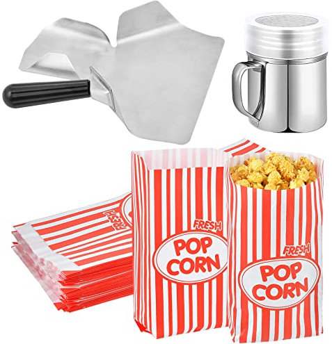 Elesunory 202Pcs Popcorn Machine Supplies Set- 1Pcs Kernel Sifting Speed Scoop 1Pcs Seasoning Dredge 200Pcs Popcorn Bags- Popcorn Kit for Commercial and Home Use (2 Oz) (PM-001)