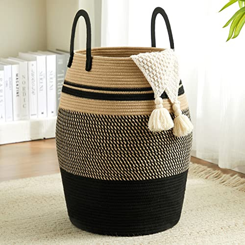 Fiona's magic 105L Extra Large Laundry Hamper Basket by, Woven Tall Clothes Hamper for Storage Blanket, Toys and Dirty Cothes in Bedroom and Living Room Organizer, Brown & Black