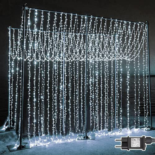 Dekofun Tenda Luminosa, 600 LED Luci Natale Esterno Cascata, 6x3m Tenda Luci Impermeabilità IP65 con 8 Modalità, Addobbi Natalizi per Matrimoni, Feste, Giardino, Interni, Murali - Bianco Freddo