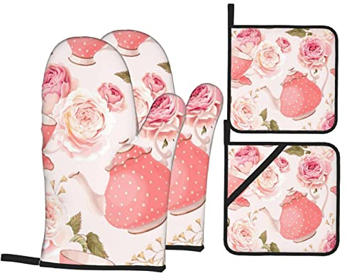 Set di 4 guanti da forno e presine, tazze da tè in stile vintage con rose, design shabby chic romantico, cuscinetti caldi resistenti con guanti da barbecue antiscivolo in poliestere per cucina, cottur