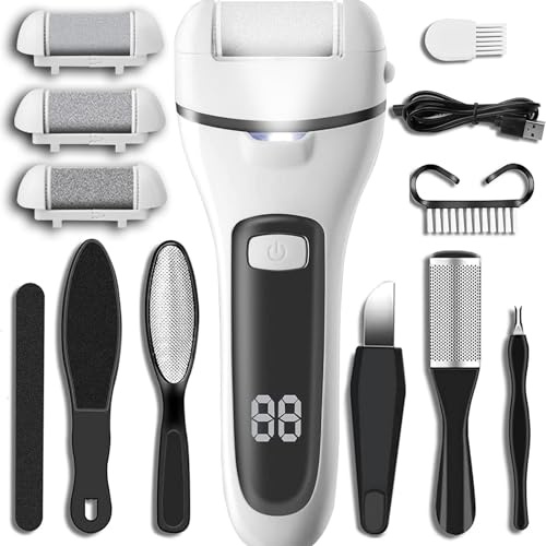 Removedor de callos para pies recargable, herramientas de pedicura profesional 13 en 1, kit de cuidado de pies, limpiador de pies, lima eléctrica para piel muerta seca agrietada dura, 3 rodillos, 2