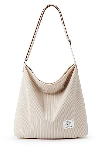 KALIDI Cord-Tragetasche für Damen, lässig, mit Reißverschluss, große Umhängetasche, Hobo-Umhängetasche, Arbeit, Mode, Damengeldbörse, Cremeweiß, Large, Stilvoll