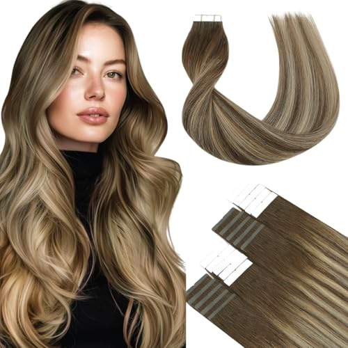 SURNEL Tape in Echthaar 20 Zoll Balayage Schokoladenbraun gemischt Karamellblond Tape Extensions Echthaar 20 Stück 50 Gramm(#4/27/4-50cm)