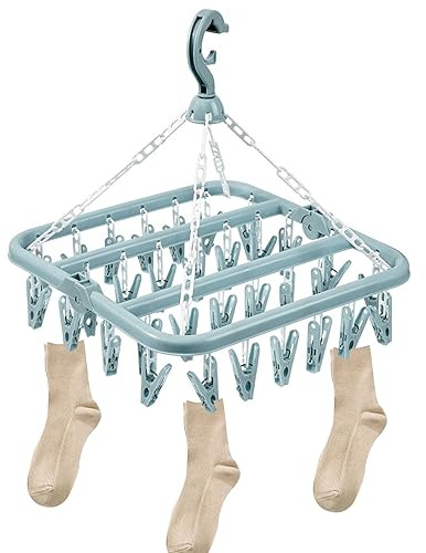 Vueinrg Hängend Sockentrockner Wäscheständer Sockenhalter Faltbar Sockenaufhänger Winddicht Unterwäsche Kleiderbügel mit 32 Clips Socken Aufhänger für Kleine Wascheartikel Handtücher (Blau)