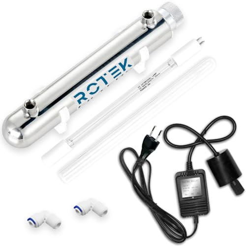 Esterilizador UV Agua ROTEK 12W - Acero Inoxidable 304-226L/h - para Ósmosis, Acuarios y Agua Lluvia