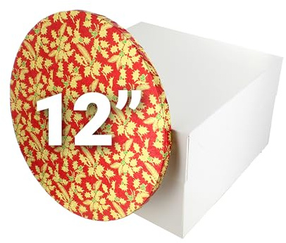 Culpitt Christmas Cake Board & Box Set | 12 (30cm), Red | White Cake Box & Gold Holly Drum, Festive Cake Transport Combo