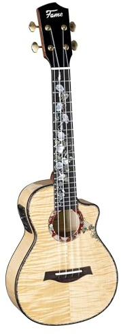 Fame Maple Deluxe Konzert Ukulele, Vollmassive Ahorn Decke und Boden, Mahagoni Hals, Belcat Tonabnehmersystem, Natural Hochglanz Finish, Inklusive Gigbag