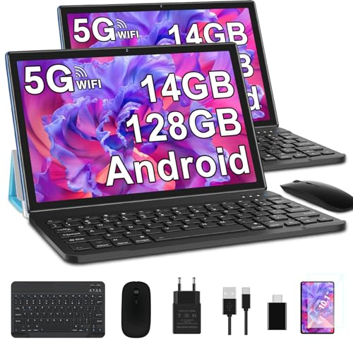 GOODTEL 2025 Tablet 10 Pollici 14GB RAM+128GB ROM (1TB TF), Android Octa-Core, 5G + 2.4G WiFi, Bluetooth 5.0, GPS, 8000mAh, GMS Certified, 8MP+5MP, Tablet PC con Custodia, Tastiera e Mouse, Blu