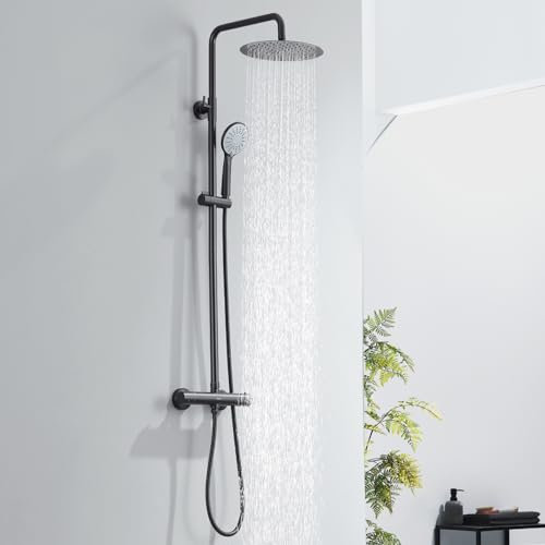 Kelleria Colonna Doccia con Miscelatore Termostatico Nero, Blocco di Sicurezza a 38°C, Miscelatore Doccia, Set Completo in Acciaio Inox con Soffione e Doccetta, Asta Doccia Regolabile e Rubinetto