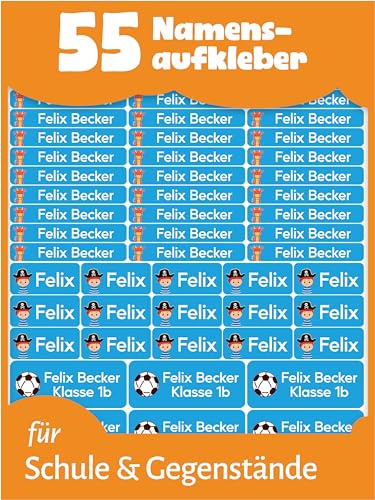 LabelTiger Personalisierte Namensaufkleber im Set - Schule (55 STK, Blau) | Selbstklebend & Wasserfest, Aufkleber für Stifte und Schulsachen, Personalisierte Namensetiketten
