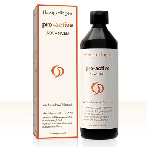 Pro-Active ADVANCED Kollagendrink Zitrone 600ml mit Kollagenpeptiden | Flüssiges Kollagen mit Hyaluronsäure, Vitamin C, Magnesium, Zink und Vitamin D3, Zitronengeschmack, 24 Tagesportionen.