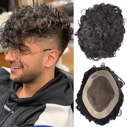 Ehairc Toupee for Men Mono Lace with PU Around Kinky Curly Human Hair System Mens Wig Male Hair Replacement Mens Toupee (20mm 1B（Natural Black）,8 * 10)