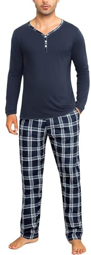 Irdcomps Schlafanzug Herren Lang Pyjama Baumwolle Zweiteilige Nachtwäsche Set Männer Winter Rundhals mit Brusttasche