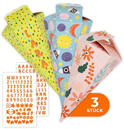 Amari ® Schultüten Bastelset 3er-Set – Schultüte Jungen & Mädchen aus stabilem Karton (350 g) – mit Moosgummi-Stickern – Mini Zuckertüten zum Selber Basteln – Schulanfang DIY