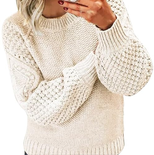 Pull thermique à manches longues en crochet pour femme - Automne et hiver - Décontracté - Épais et chaud - Couleur unie - Pull en coton pour femme, beige, S