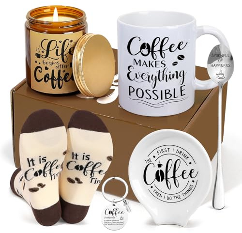 iAOVUEBY Coffee Gifts, 6PCS Coffee Gift Basket, Coffee Lover Gift Set Includes Coffee Mug Spoon Rest Holder Coffee Socks Keychain, Birthday Christmas Gift for Women Men Coffee Lover Friends