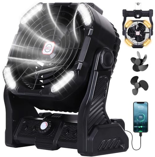 RUNTOP Portable Fan Rechargeable, 20000mAh Battery Powered Fan with LED Lantern,Table Fan, Battery Operated Fans for Travel Home Office Bedroom Camping Tent Beach Desk Fishing X26 Black