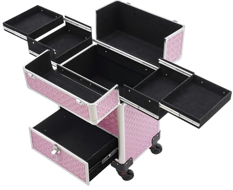 Estuche de maquillaje, caja de cosméticos, carro, gran capacidad, siete bolsillos, estuche de belleza, organizador de cosméticos, maleta, rosa, carro de caja de cosméticos, Rosa 1, carro de caja de