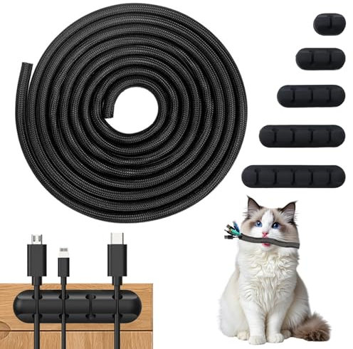 Kit di Gestione dei Cavi,1 Guaina cavi Elettrici 13mm-3.1m,5 Organizer a Clip Fermacavi Multifunzione Adesivo per Cavo,Protezione di Cani e Gatti per Cavo Per Cavi Per Ufficio Casa Auto