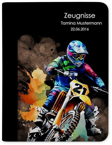 CreaDesign Zeugnismappe A4 mit Namen personalisiert – Motorcross dark – für Jungen – Dokumentenmappe Schule ohne Klarsichthüllen