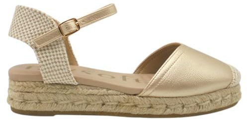 mysoft 25M140 Espadrilles plates pour femme avec talon compensé de 3 cm, plateforme de 2 cm, fermeture à boucle, fabriquées en cuir synthétique, semelle en gel pour femme, Platine, 37 EU