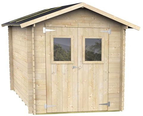 Abri de Jardin Bh19 Roby 198x198 en Bois d’épicéa Naturel 19 mm avec Double Porte et fenêtre, Toit et Plancher en Bois rainuré, Montage Facile, Traitement Autoclave, Certification PEFC