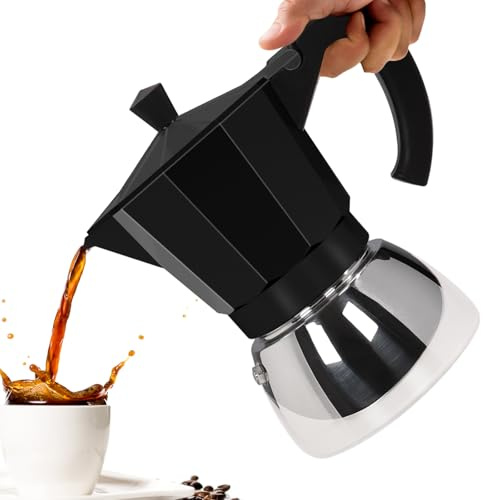Vaolvpant No Coating 4 Cup Aluminum and Stainless Steel Moka Pot Stovetop Espresso Maker Italian Coffee Machine 220ml 7.44oz Suitable for Gas Induction Stovetop Greca Coffee Maker Percolator Black