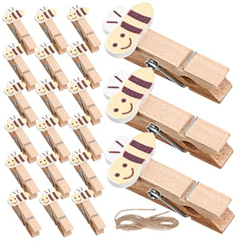PartyKindom 50pièces Pince à Linge Abeille Miniature Bois avec Ficelle pour Suspendre Photos Et Décorations De Maison Fête