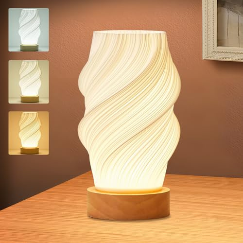 Holzsockel Nachttischlampe - 3 Modi & 9-Stufig Dimmbare LED Tischleuchte - Minimalistische Tischlampe mit Kabel für Schlafzimmer, Wohnzimmer, Nachttisch - Deko-Lampe mit Warmweiß/Kaltweiß Licht (F)