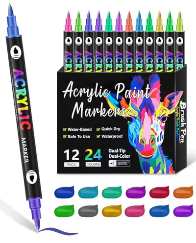 JUKOTA Acrylstifte mit Doppelspitze,12 Stück 24 Farben,Wasserfester Mehrzweck Acrylmarker für Verschiedene Oberflächen,für Steine,Holz, Stein,Leinwand,Keramik,Glasoberflächen,DIY Basteln
