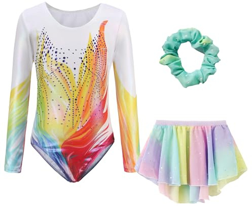Happy Cherry Bambina Ragazze Body Ginnastica 3 Pezzi con Gonna e Fascia Costume Balletto Leotards da Danza Classica Fiamme Colorate 7-8 anni