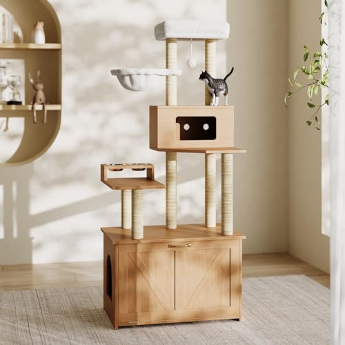 Torre de gato moderna y árbol rascador para gatos de apartamentos – Mueble todo en uno con plataforma grande, estación de alimentación, 1 hamaca y armario para gatos (sin caja de arena), color nogal