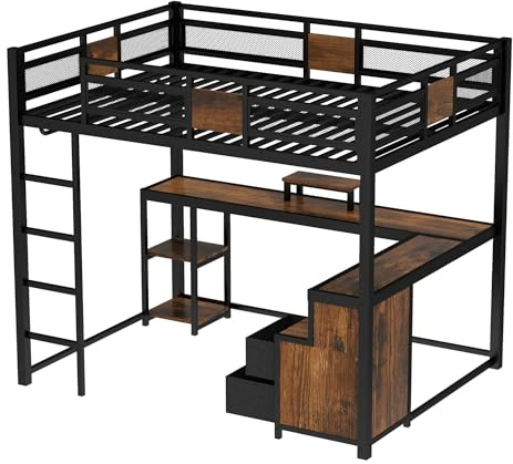 Bellemave Queen Loft Bed with L-Shaped Desk and Storage Drawers, Queen Size Loft Bed Frame with Computer Monitor Stand, Corner Shelf and Hanger Rod, Adults Loft Beds Nosie-Free, Black