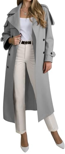 Muchpow Women's Long Trench Coat Double Breasted Lapel Oversized Windproof Overcoat with Belt(light gray,Small)