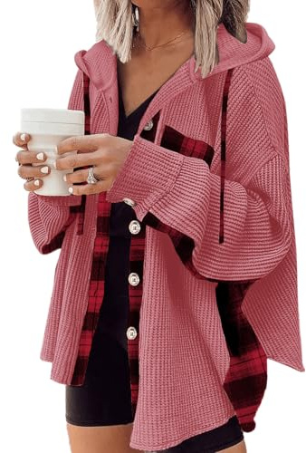 YNIQUE Chemise à Carreaux Femme Classique Blouses Boutonnées Col en V Hoodie Manche Longue Automne Hiver Top Blouse Chic et élégant