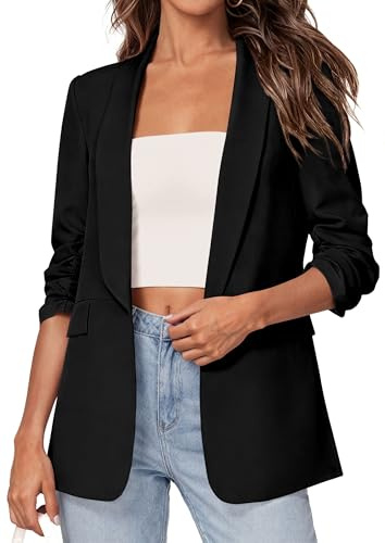 PRETTYGARDEN Women's 2026 Spring Blazers Business Casual Outfits Open Front Ruched 3/4 Sleeve Lightweight Work Suits Jackets (Black,X-Large)