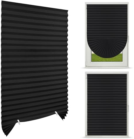 NUTKIT Plissé utan borrning, fönster plissé 60 x 150 cm (B x H) (svart) | Ogenomskinligt insynsskydd veckad rullgardin för limning, 50 % solskydd mörkläggning genomskinlig rullgardin för fönster