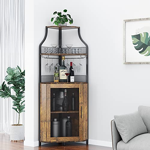 JOLLYTOP Eck-Weinschrank 154 cm – Bar Schrank Im Industrial Design Mit Glashalter, Gittertür & Verstellbaren Regalen – Platzsparender Eck-Barschrank Für Wohnzimmer, Küche & Esszimmer，Vintage-Farbe