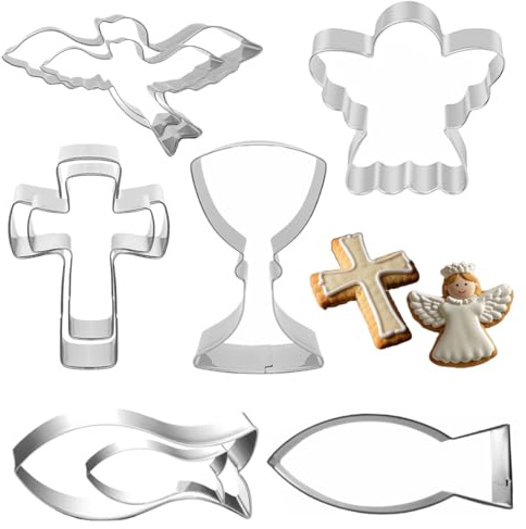 Luxorium 9 Stück Kommunion Ausstecher Set Edelstahl Taube Fisch Kreuz Kelch Engel für Plätzchen Fondant und Tortendeko