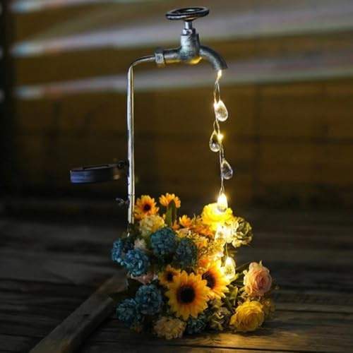 YZYOE Solare alimentato rubinetto acqua gocce luce, giardino decorazione ferro battuto retro rubinetti carini acqua gocce luce pavimento, tramonto senza fili all'alba luces LED impermeabile.