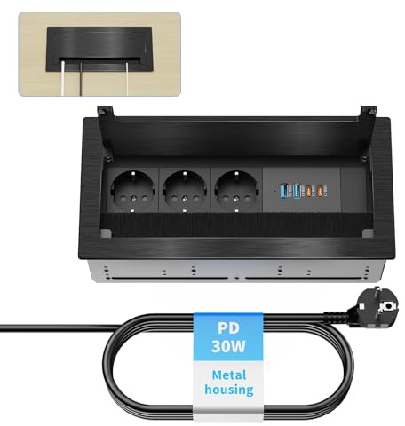 Inbyggt uttag i aluminium med fällbart lock, 3 uttag + 4 USB inklusive 2 USB-C PD, 30 W, grenuttag med kabelbygelborste, kabel 1,8 m, svart