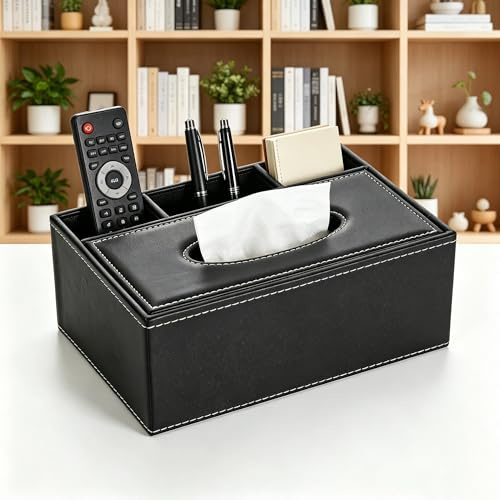 HINATDD PU-Leder Taschentuchbox mit Fernbedienungshalter Kosmetiktücherbox | Rechteckig Kosmetiktücher Box Taschentücher Box Tücherbox für Badezimmer, Waschtisch, Schlafzimmer, Büro