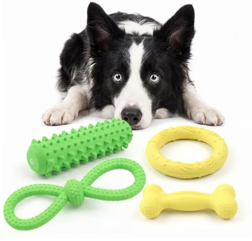 InekoAgua 4-Pack Heavy Duty Rubber Dog Chew Toys Set - Tough Natural Rubber Teething Toy Variety Bundle for Medium Dogs - Includes Squeaky Spiked Stick, Ring, Tug 8-Loop & Classic Bone