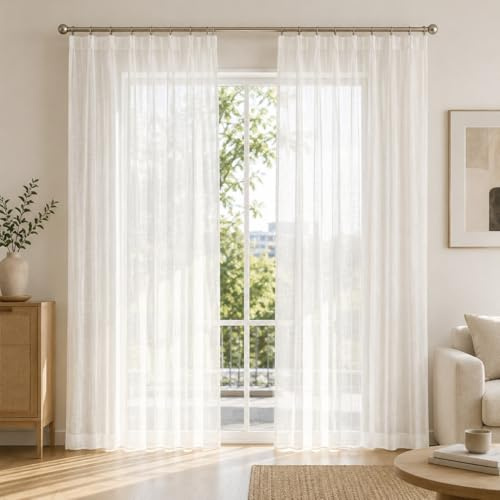 IDOL Leinenoptik Gardine Weiß mit Kräuselband Bleiband – Halbtransparenter Vorhang für Gardinenschienen Schienensysteme, Lichtdurchlässig mit Sichtschutz, für Wohnzimmer Schlafzimmer(HxB 230x400 cm)