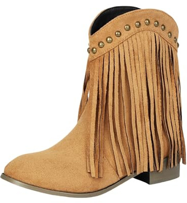 Stivaletti western da donna con frange, stivaletti da cowboy da donna, neri, con borchie, con tacco largo e frange, stivaletti da cowboy, stivaletti da donna, marrone, 43 EU