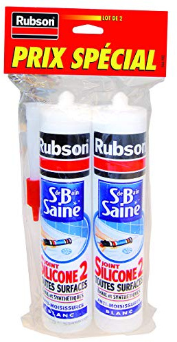 Rubson Mastic Salle de Bain Saine Silicone Anti-Moisissures Blanc, mastic sanitaire à base de silicone, mastic étanche renforcé en antifongique, lot de 2 cartouches 280 ml