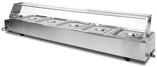 Vitrina Calienta Comida Eléctrica+5 Sártenes con Tapas de Acero Inoxidable (Capacidad 5 x 5.5L) Incluidas Calientaplatos Servidor Buffet Comida Caliente 2 Años Garantía para Cocinas Restaurantes Bares