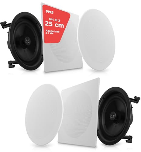 Pyle Casse Audio Altoparlanti da Incasso 25 cm, Sistema 2 Vie, Connessioni Rapide, Griglie Rotonde/Quadrate Intercambiabili, Speaker 300 Watt
