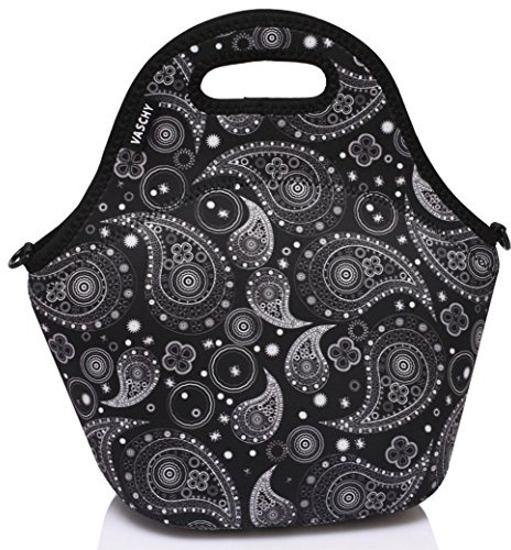VASCHY Sac Isotherme Repas, Néoprène Lunch Bag Femme Imperméable Sac Thermique Déjeuner Fourre-Tout Homme Enfant Travail Bureau École Pique-Nique Voyage avec Bandoulière Détachable, Noir Paisley